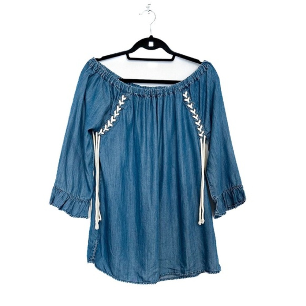 Billy T Faded Denim On or Off-Shoulder Lace-Up Tunic Size Small Western Cowgirl
